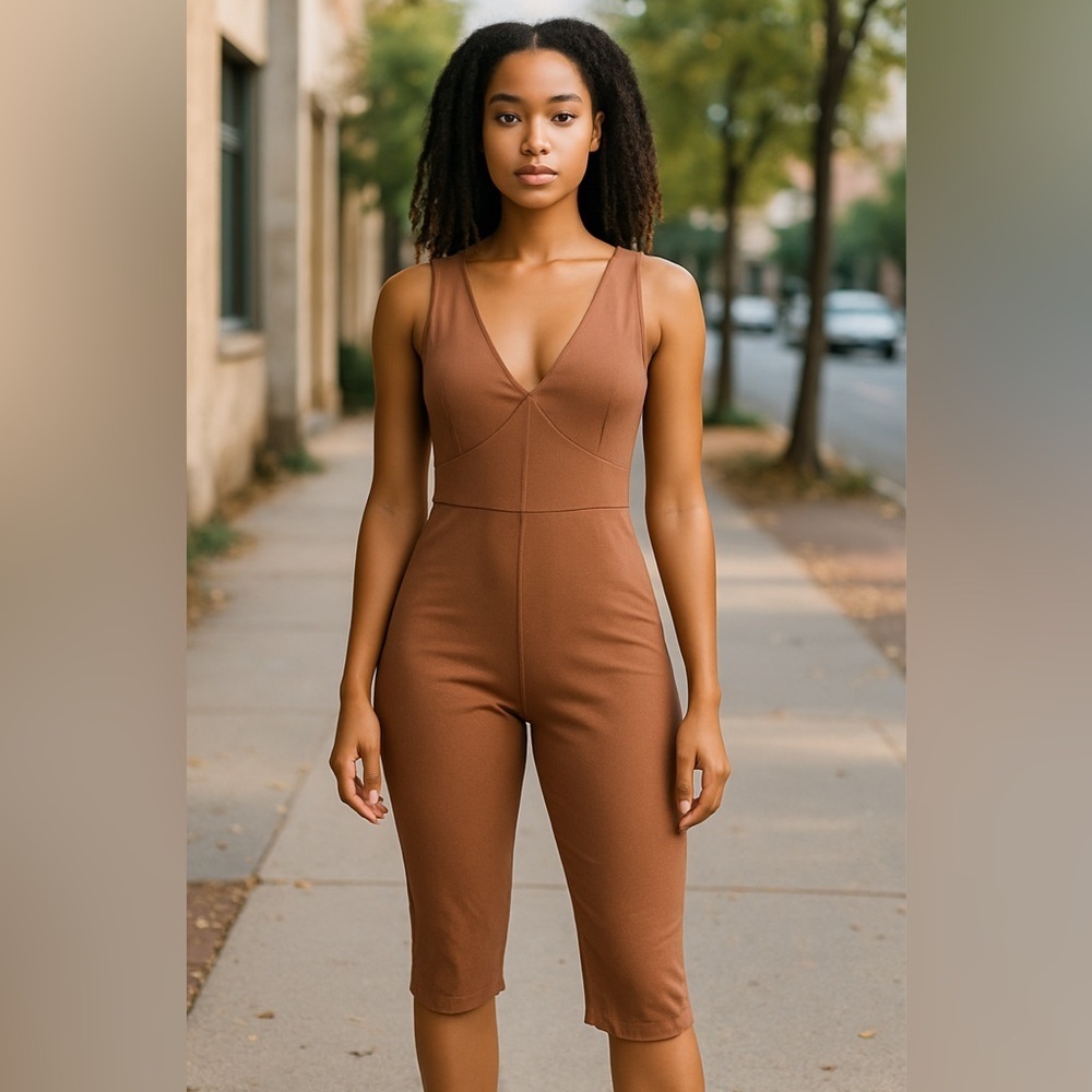 Naked Wardrobe Womens All Snatched Bustier Ribbed Brown Jumpsuit
